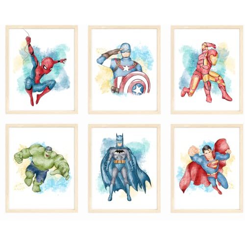Nistio® Superhero Wall Decor, Superhero Wall Art for Boys Bedroom, Avengers Prints, Set of 6 Prints, Iron Man, Spiderman, Captain America, Hulk, Superman, Unframed, 8x10 inches