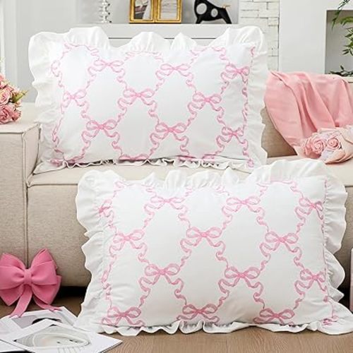 Pink Bow Pillow Covers Set of 2 Christmas Ruffle Pillow Cases Coquette Pillowcase Sham Covers Cute Preppy Bow Pillows Decorative Girly Apartment Bedroom Room Decor 20 x 30''