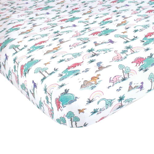 Hudson Baby Infant Girl Cotton Fitted Crib Sheet, Pink Dinosaur Adventures, One Size