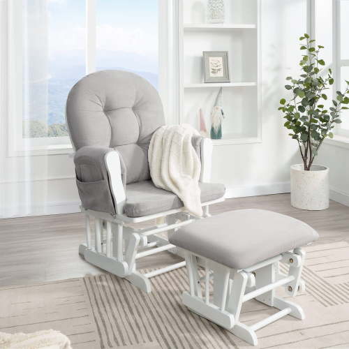 Brisbane Nursery Glider & Ottoman Set - Reclining Glider Rocker Chair for Breastfeeding, Maternity, & Comfort, White,Gray-Cushion Color:Gray,Finish:White