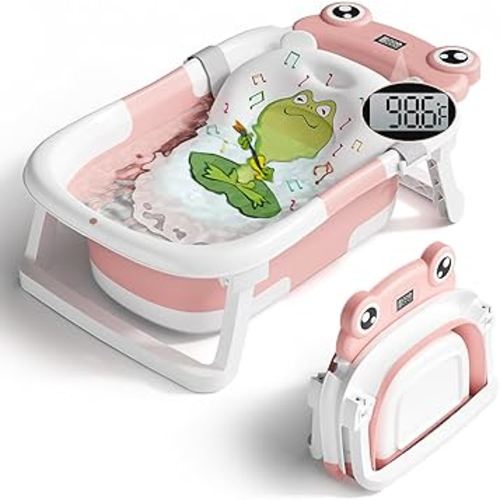 Baby Bathtub, Collapsible Newborn Bathtub for Infant to Toddler 0-24 Months with Soft Cushion and Thermometer,Portable Travel Newborn Tub with No-Slip Feet, Baby Shower Gifts,Pink