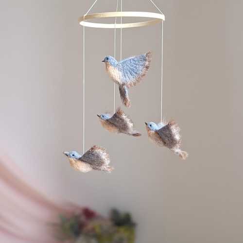 Needle Felted Bluebirds Baby Mobile: Garden Nursery Decor