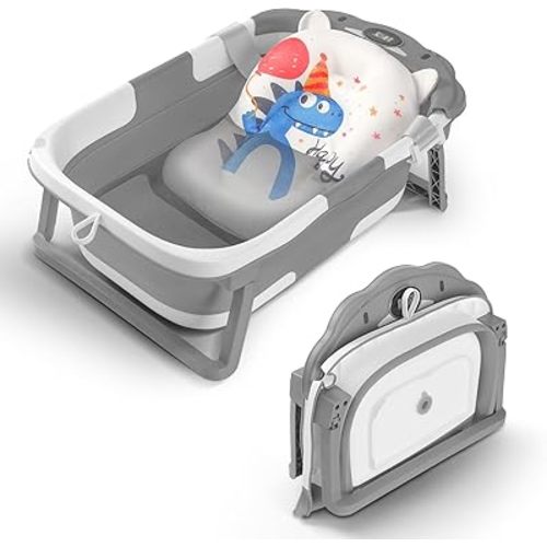 Baby Bathtub,Collapsible Baby Bath Tub with Thermometer & Soft Floating Cushion,Portable Travel Baby Bathtubs for Newborns to Toddlers 0-36 Months(Bear Gray)