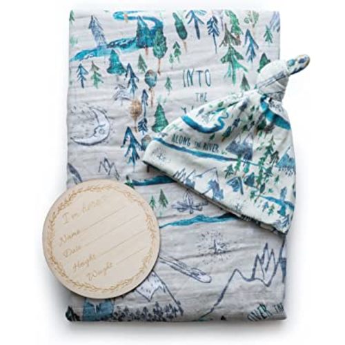Miaoberry Mountain Baby Organic Muslin Swaddle Blankets for Baby Boy with Hat and Wooden Hello World Newborn Sign, Adventure Forest Theme, Newborn Photography Outfits Boy, Birth Announcement Sign
