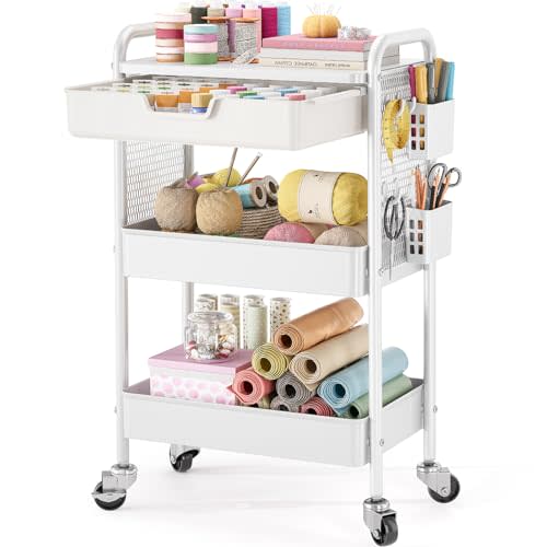 KINGBOARD 3 Tier Metal Rolling Cart with Drawer, White Utility Storage Cart | 2 Cups & 4 Hooks, Lockable Wheels, Trolley Organizer for Bathroom, Kitchen, Office, Nursery, Dorm, Laundry, Craft Room