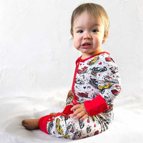 Race Car Valentine Bamboo Baby Sleeper: Convertible Footie Pajamas