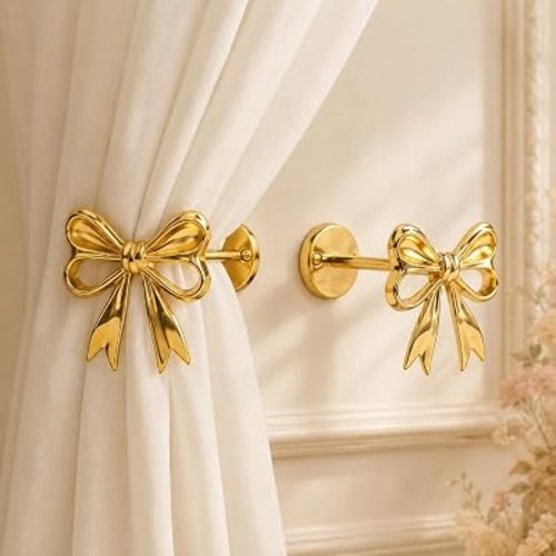 2Pcs Gold Bow Curtain Holdbacks Tiebacks for Wall - Heavy Duty Metal Curtain Holder Wall Mounted for Drapes Window Home Decoration