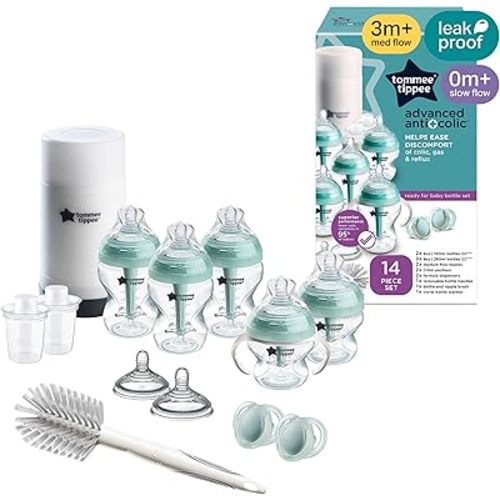 Tommee Tippee Advanced Anti-Colic 14 Piece Baby Bottle, Travel Bottle Warmer & Pacifier Set, 5 BPA Free Bottles, 0+ Months, 2 Newborn Pacifiers, 2 Extra Nipples, Cleaning Brush, Bottle Handles