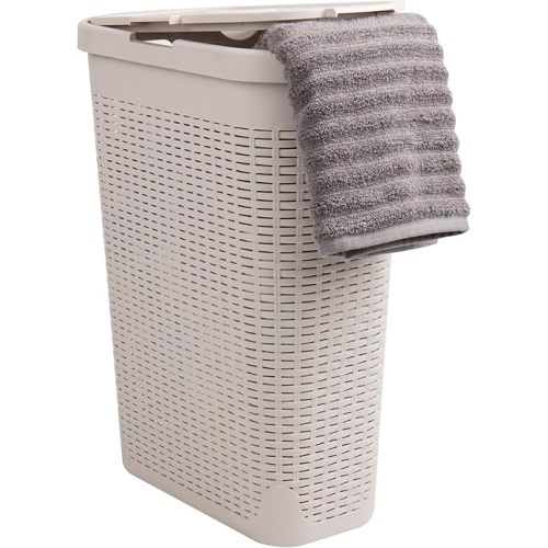Mind Reader Slim Laundry Hamper with Lid, 40L Clothes Basket, Premium Wicker Design, Plastic, Ivory