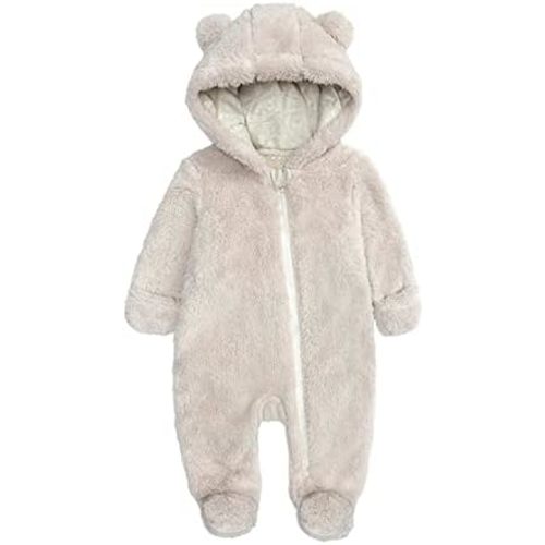 Infant Baby Fleece Jumpsuits Newborn Plush Bear Ear Sleepwear Hooded Romper Zipper Long Sleeve Bodysuit Footies