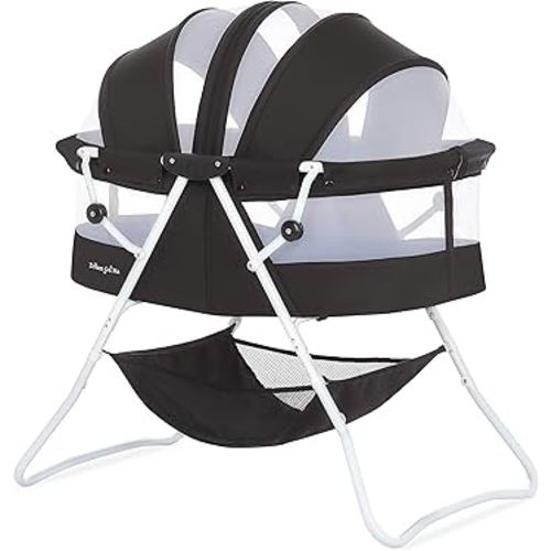 Dream On Me Karley Bassinet in Black, Lightweight Portable Baby Bassinet, Quick Fold and Easy to Carry, Adjustable Double Canopy, Indoor and Outdoor Bassinet with Large Storage Basket.