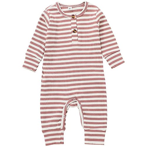 Newborn Baby Boys Girls Clothing Striped One Piece Jumpsuit Romper Ribbed Knit Onesie Long Sleeve Outfit Clothes - Pink Striped - 0-3 Months