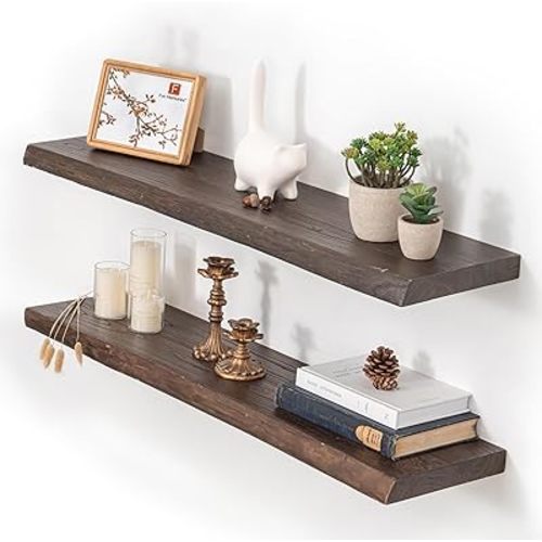 Floating Shelves for Wall, 36"x9.3" Rustic Solid Live-Edge Elm Wood Wall Shelves, Heavy-Duty Floating Shelves with Invisible Brackets, Set of 2 for Living Room, Bedroom, and Kitchen, Walnut Finish
