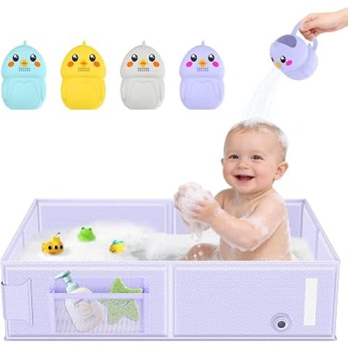 Collapsible Baby Bathtub, Foldable Toddler Bath Tub with Chick Pattern Bath Rinse Cup, No Assembly Portable Travel Bathtub for 6M-5Y, Ideal for Shower, Travel Essentials & Baby Registry Gift