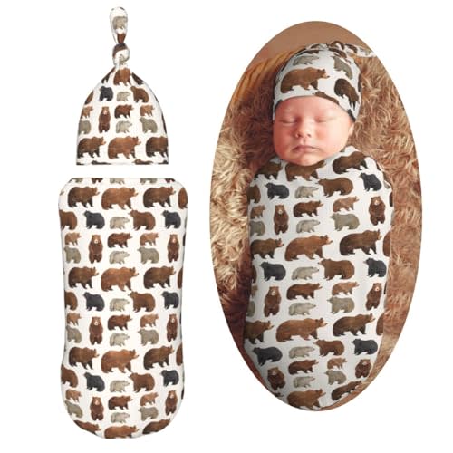 Cute Cartoon Bears Newborn Swaddle Blankets Hat Sets Soft Baby Receiving Blanket Swaddle Sack for Baby Shower Infant Boy Girl Gift