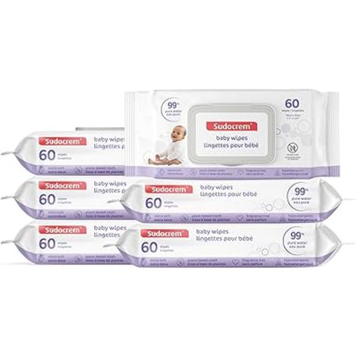 Sudocrem Pure Water Wipes 360 Count - Unscented, Hypoallergenic, Plant-Based Baby Wipes, 99% Water - Extra Strong and Ultra Soft (6 Packs of 60)