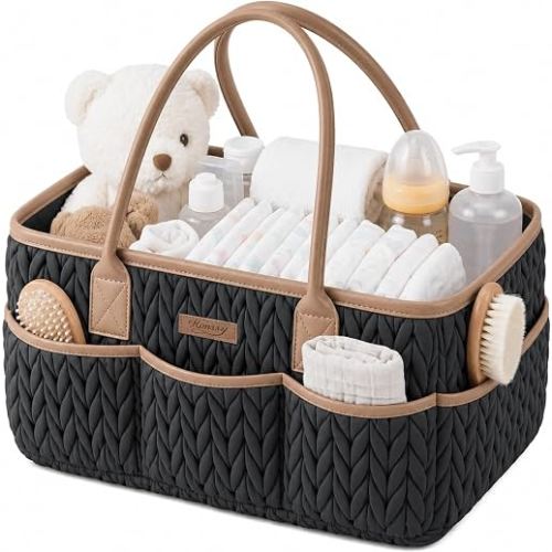 Konssy Baby Diaper Caddy Organizer, Braided Quilted Design with PU Handles | Water-Repellent, Portable Diaper Caddy Basket, Boho Nursery Organizer for Changing Table, Newborn Essentials (Cocoa Black)