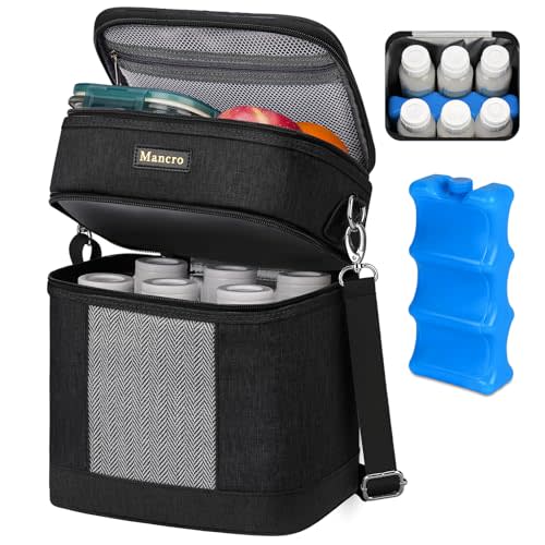 Mancro Breastmilk Cooler Bag for Travel with Ice Pack, Double Layer Baby Bottle Bag with Shoulder Strap for Daycare and Nursing Moms,Fit 6 Baby Bottles up to 9 Ounces, Black