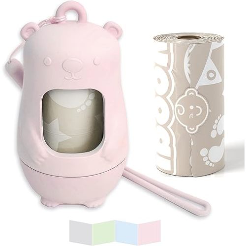 Teddy Bear Diaper Bag Dispenser | Diaper Trash Bags on the Go Dispenser w/Silicon Strap | 15 UNSCENTED Baby Poop Bags per Roll | Dirty Diaper Bags Disposable | Diaper Waste Bags (PINK)
