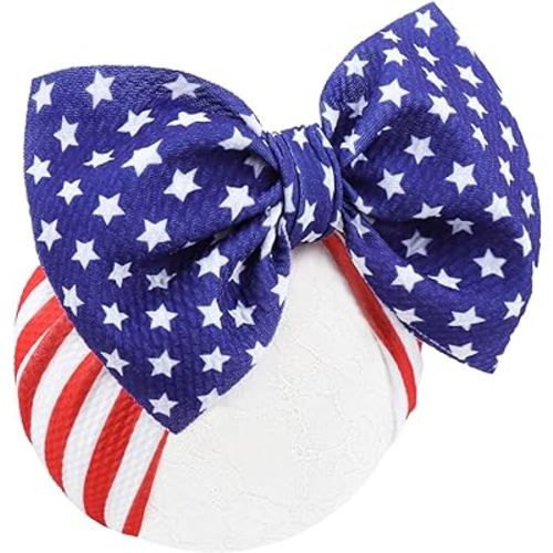 YanJie 4th of July Baby Nylon Headbands, Red Blue White Star Hair Accessories with Big Bows for Newborns, Infants, and Toddler Girls (America Flag)