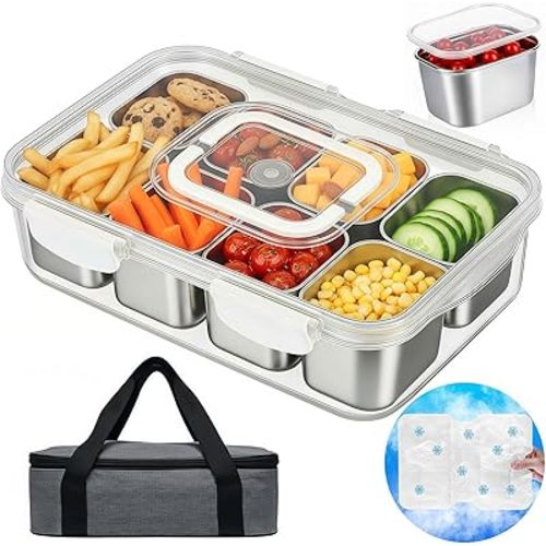 Snackle Box Container with Ice Pack Stainless Steel,Portable Snack Boxes with Lid and Insulated Bag,8 Compartment Snackle Storage Divided Serving Tray Beach Road Trip Picnic for Fruit Charcuterie