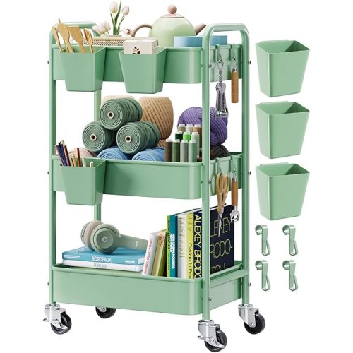 3 Tier Rolling Storage Cart Metal with Wheels, Green Baby Diaper Caddy Carts, Three Tiered Craft Cart Organizer on Wheels, Utility Roller Trolley for Art, Book, Snack, Office, Laundry, Bathroom Shelf
