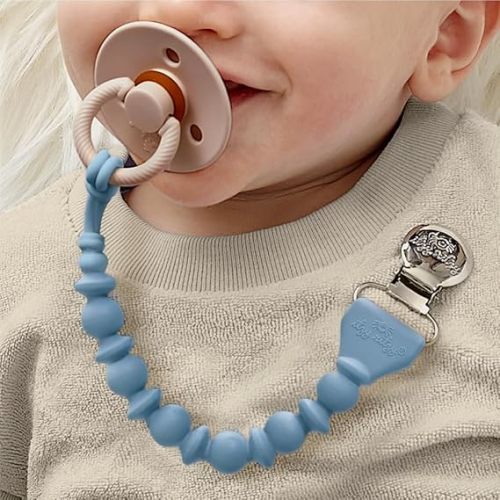 Itzy Ritzy Silicone Pacifier Clip – 100% Food Grade Silicone Pacifier Strap with Clip Keeps Pacifiers, Teethers & Small Toys in Place Features One-Piece Design & Cord (Blue)