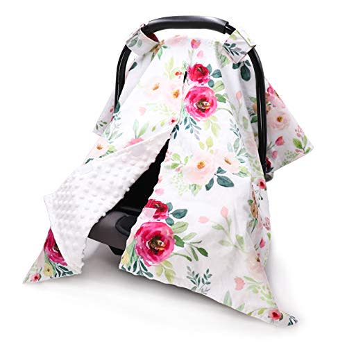Floral Winter Car Seat Cover for Babies, Peekaboo Opening Minky Carseat Canopy for Newborn, Multiuse, Mom Nursing Breastfeeding Covers, Minky Blanket for Infant Toddler