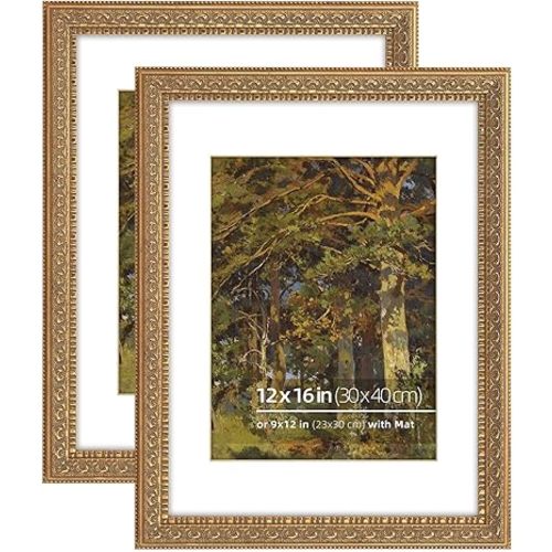 12x16 inches Antique Gold Ornate Picture Frame, With Mat for 9x12 inches photos, Plexi glass Protection, 2 Pack