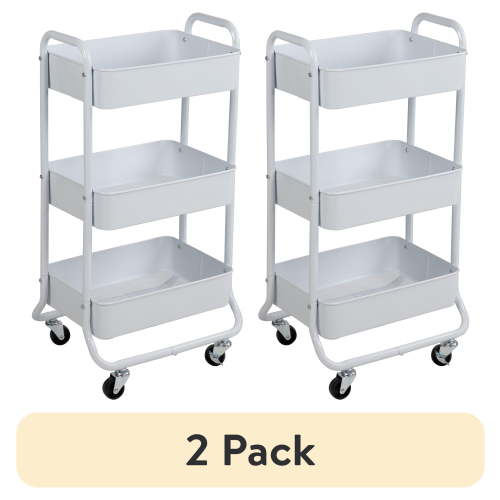 (2 pack) Mainstays 3-Tier Metal Frame Laundry Cart, Arctic White, Easy-Rolling, for Adults & Kids