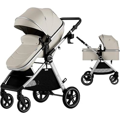Accombe Baby Stroller, 2 in 1 Newborn Stroller Convertible Bassinet for Infant Toddler Pram with Footmuff (Camel)