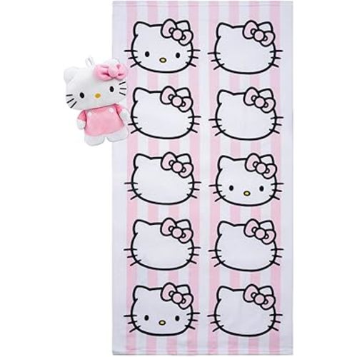 Jay Franco Hello Kitty Bath Towel & Bath Buddy Set - Bathtub Accessories - Includes 25 x 50 Inch Microfiber Towel 10 Inch and White Kitty Water Play Buddy