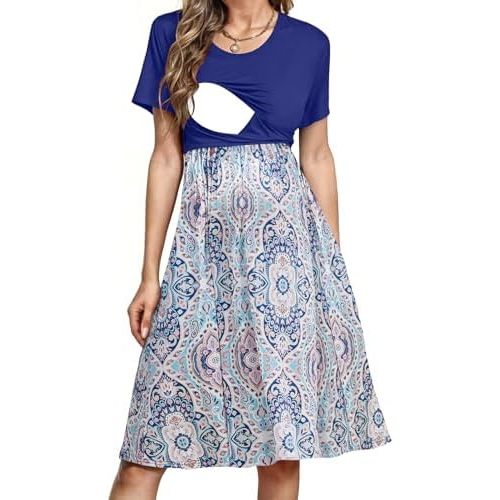 PARNIXS Women's Nursing Dress Summer Short Sleeve Patchwork Pregnancy Clothes with Pockets