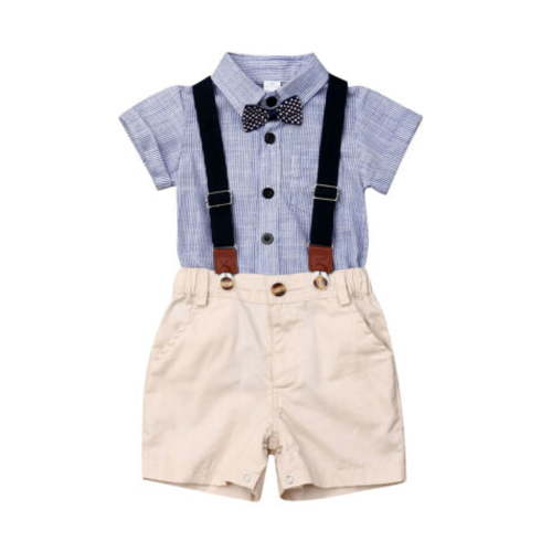 Baby Boys Gentleman Outfits Suits, Infant Short Sleeve Shirt+Bib Pants+Bow Tie Overalls Clothes Set