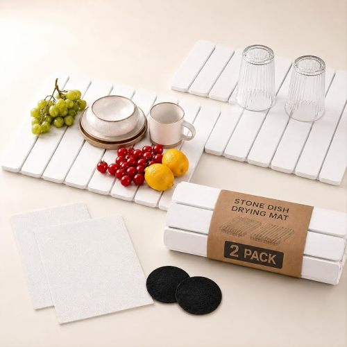 2 Pcs Stone Drying Mat for Kitchen Counter, Foldable Stone Dish Drying Mat 23.6"x15.3", Large Quick Dry Diatomaceous Earth Drying Stone, Super Absorbent Roll Up Dish Mat for Dishes