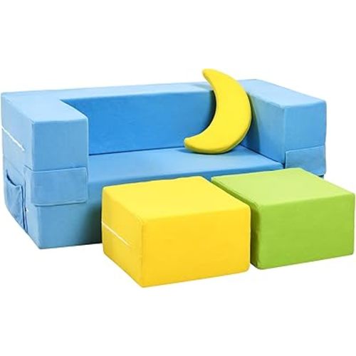 Elftopia Modular Kids Sofa,Toddler Couch Foam Armchair for Kids,Children Convertible Plush Sofa Play Set,Fold Out SofaBed(Dynami Color)