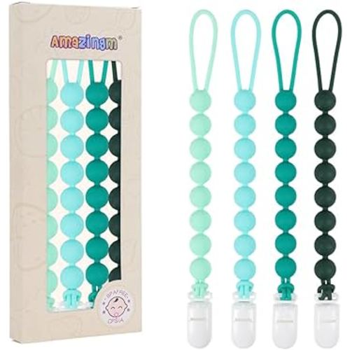 One Piece Design Silicone Pacifier Clip Holder for Baby Boys and Girls,Flexible Pacifier Leashes,Soft Teether Clip for Newborns,4-Pack. (Green)