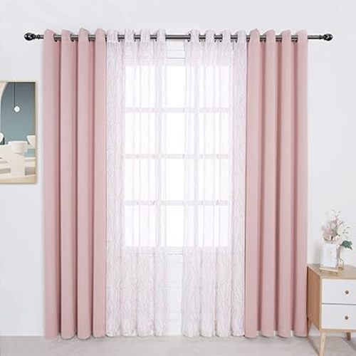 BONZER Mix and Match Curtains - 2 Pieces Branch Print Sheer Curtains and 2 Pieces Blackout Curtains for Bedroom Living Room Grommet Window Drapes, 54x95 Inch/Panel, Blush, Set of 4 Panels