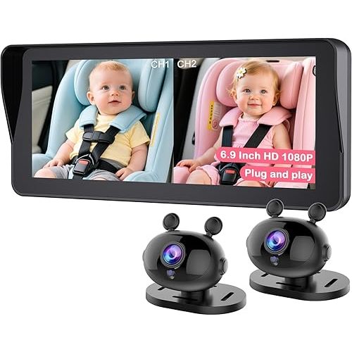 Dual Baby Car Camera for 2-Kids: 6.9 Inch HD 1080P Split Display with 2 Night Vision Carseat Cameras - 360° Rotation, Easy Install for New Parents
