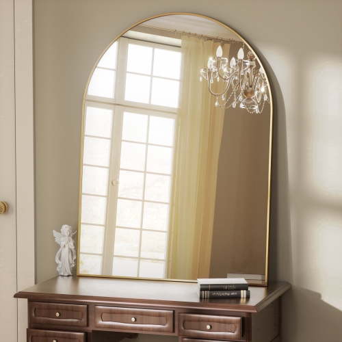 BEAUTYPEAK 30"x 40" Bathroom Mirror Wall Vanity Arched Mirror, Gold, Crown Shape