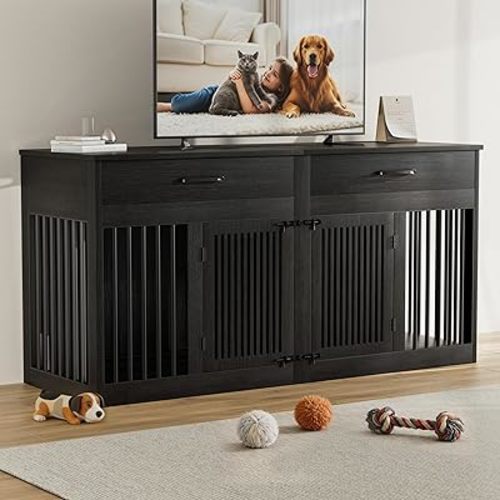 Easycom 72" Double Dog Crate Furniture, Heavy Duty Dog Kennel for 2 Large Dogs, Wooden Dog Cage w Two Big Drawers&Removable Divider, Decorative Dog House as TV Stand, Dark Grey