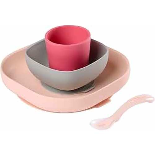 BEABA Silicone 4-Piece Dishware - 100% Silicone Baby Plate Set, Baby Bowls - Includes Baby Plate, Baby Bowl, Baby Cup, 2nd Stage Silicone Spoon, (Rose)