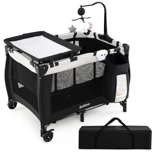 INFANS 3 in 1 Pack and Play with Bassinet, Changing Table, Storage, Morden | Portable Baby Playpen, Foldable Playard with Carry Bag, Wheels, Music Box, Hangings, Compact Crib for Travel Outdoor