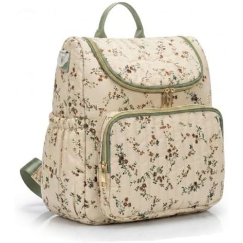 Lushandy Quilted Diaper Bag Backpack, Floral Puffer Diaper Backpack with Stroller Straps Large Baby Travel Hospital Bag