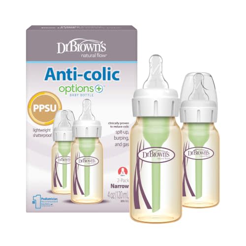 Dr. Brown's Anti-Colic Options+ Narrow PPSU Baby Bottle, 4 oz, 2-Pack | Clinically proven to reduce colic, lightweight and durable PPSU, Level 1 Nipple, 0m+, BPA-free