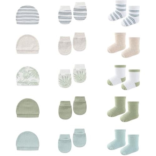 15 Pack Infant Hats Gloves Socks Unisex Baby Boy Girl Accessories Set Cotton New Born Caps Mittens