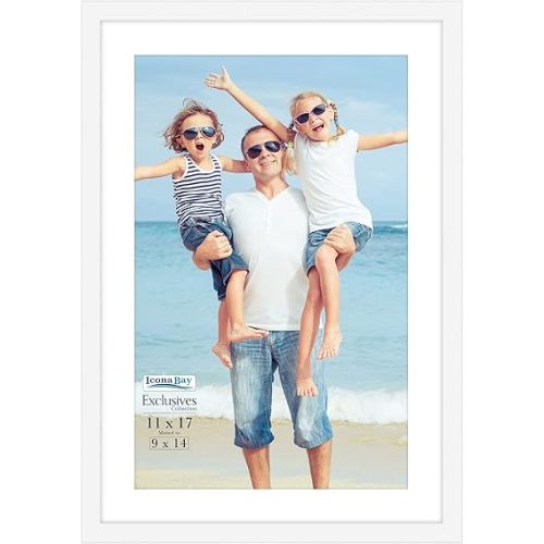 Icona Bay - 11x17 White Picture Frame with Mat to 9x14 Image - Sturdy Wood Composite Poster Frame - Modern Style Frames - Wall Mount Only - Exclusives Collection