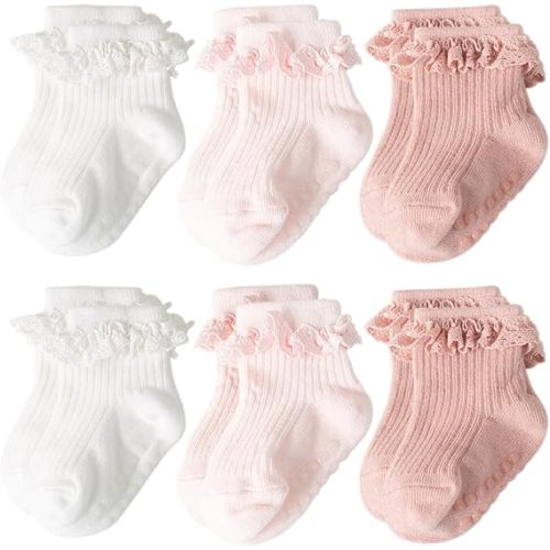 AQOKKA Baby Girl Toddlers Socks with Non-slip Grip Cute Frilly Ruffle Ankle Soft Cotton Newborn Baby Socks for Infant Kids
