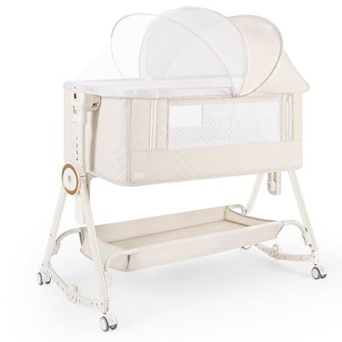Baby Bassinet 5 in 1,Baby Bedside Bassinet with Diaper Changer, Mosquito Net, Mattress, Storage Layer, Can Be Stored in One Button Travel Crib (Beige)