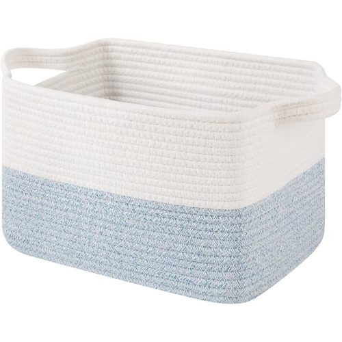 OIAHOMY Woven Storage Basket for Shelves, Rectangle Cotton Rope Baskets for Organizing, 13 x 10 x 9 in, Storage Bins for Dog Toys,Towel,Books,Gift,Blue and White